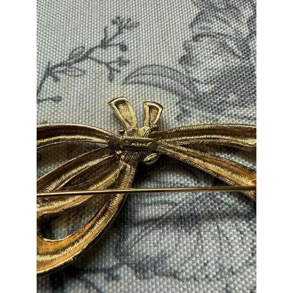 Vintage 70s Monet Brooch Ribbon Bow Brushed Gold Tone Metal Pin Signed 2.75”
